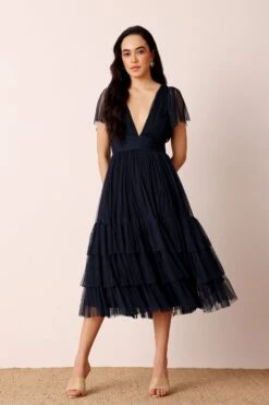 Madison Navy Blue Tulle Bridesmaid Midi Dress