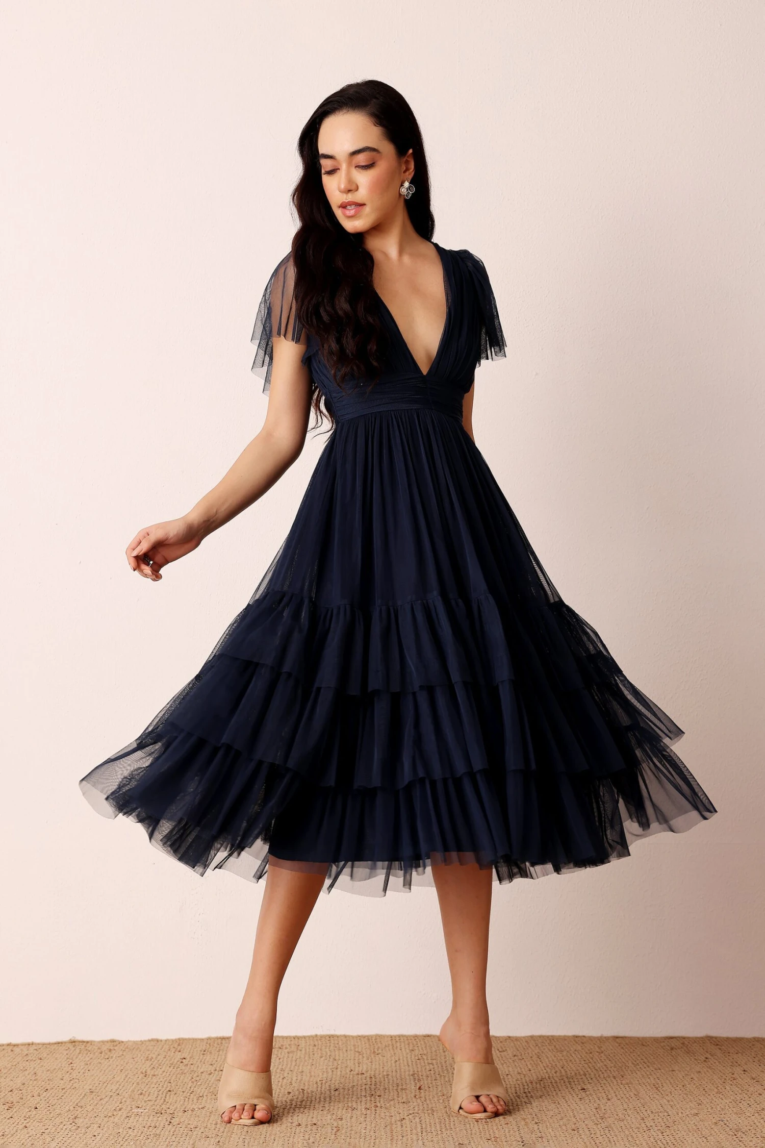 Madison Navy Blue Tulle Bridesmaid Midi Dress 2 Madison Navy Blue Tulle Bridesmaid Midi Dress - Image 2