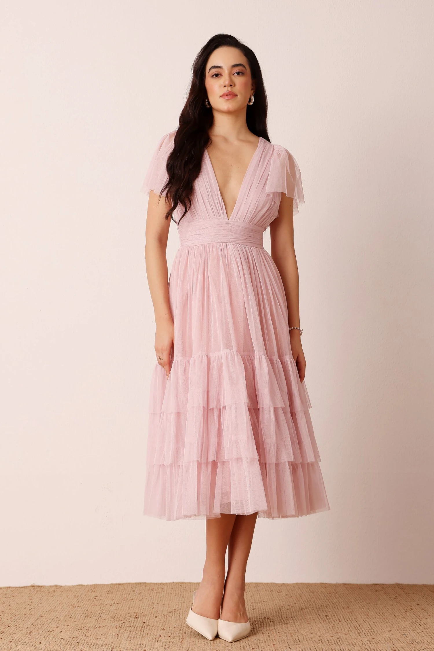Madison Powder Pink Midi Bridesmaid Dress 1 Madison Powder Pink Midi Bridesmaid Dress