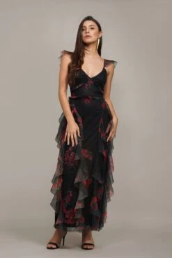 Malin Maxi Dress In Black And Red Floral