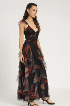 Malin Maxi Dress In Black And Red Floral -Laceand Beads Malin Maxi in Black and Red Floral 7 a