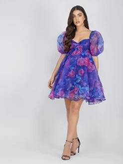 Melanie Puff Sleeve Organza Mini In Cobalt Floral -Laceand Beads MelanieCobaltFloral 2