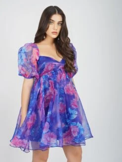 Melanie Puff Sleeve Organza Mini In Cobalt Floral -Laceand Beads MelanieCobaltFloral 3