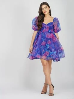 Melanie Puff Sleeve Organza Mini In Cobalt Floral -Laceand Beads MelanieCobaltFloral 4
