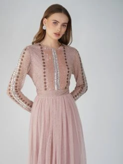 Melinda Long Sleeve Embellished Maxi Dress In Blush Pink -Laceand Beads Melinda Maxi Blush 1 2