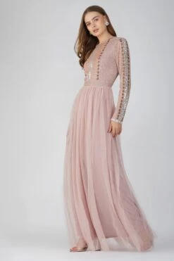 Melinda Long Sleeve Embellished Maxi Dress In Blush Pink
