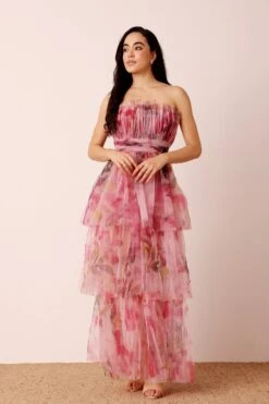 Natalia Tulle Maxi Dress In Vivid Pink Purple Floral