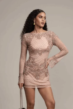 Nela Embellished Mini Dress In Mink -Laceand Beads NelaMiniin 3