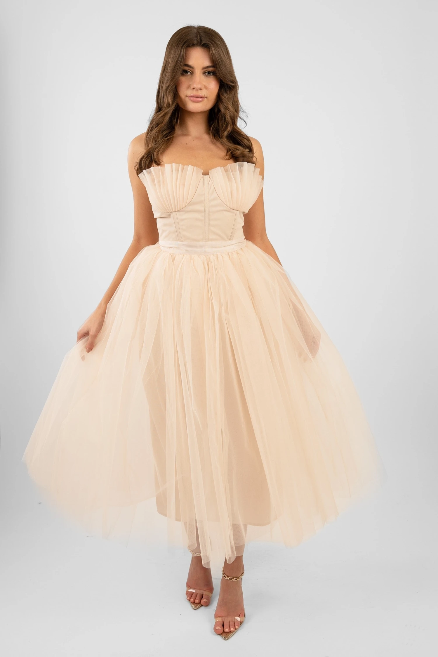 Nimo Cream Tulle Midi Dress With Shell Cups 1 Nimo Cream Tulle Midi Dress With Shell Cups