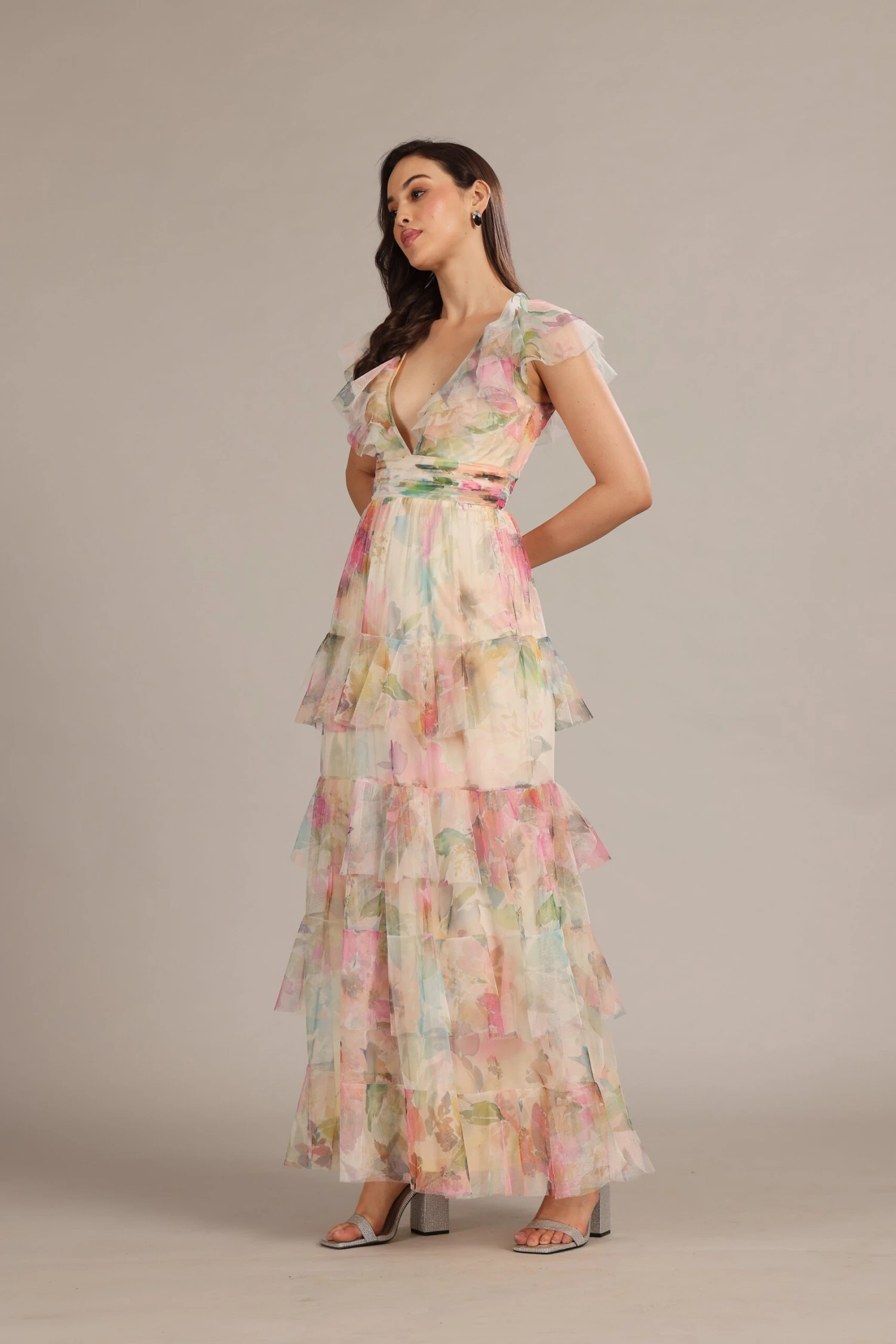 Olympia Maxi Dress In Cream Pink Floral 4 Olympia Maxi Dress In Cream Pink Floral - Image 4