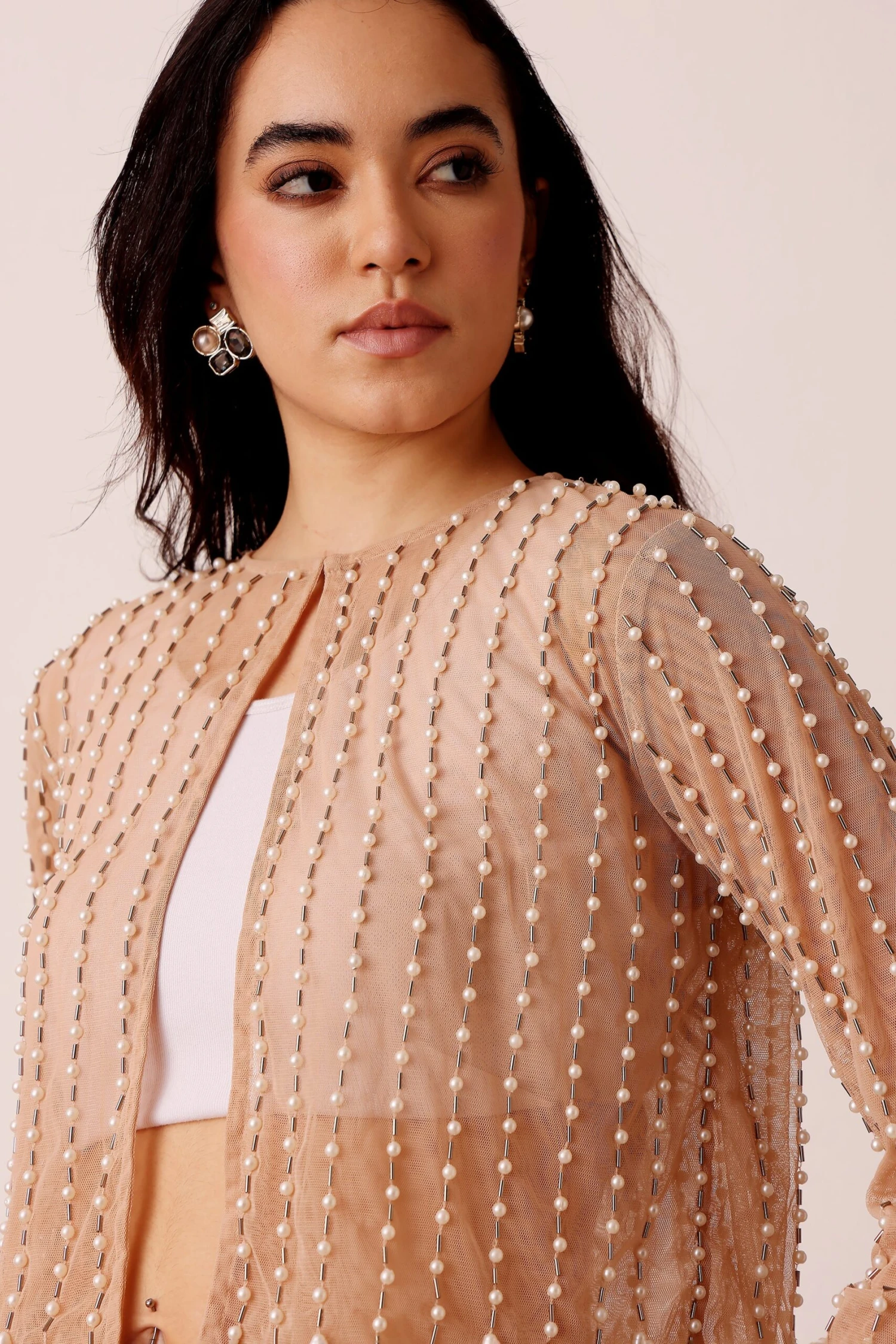 Pearl Embellished Sheer Cropped Jacket In Beige 5 Pearl Embellished Sheer Cropped Jacket In Beige - Image 5