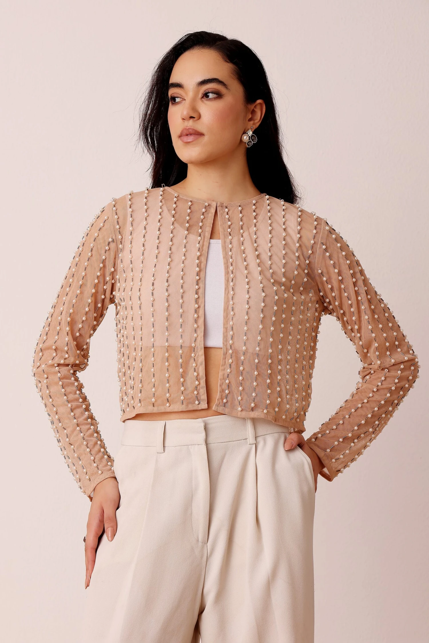 Pearl Embellished Sheer Cropped Jacket In Beige 4 Pearl Embellished Sheer Cropped Jacket In Beige - Image 4