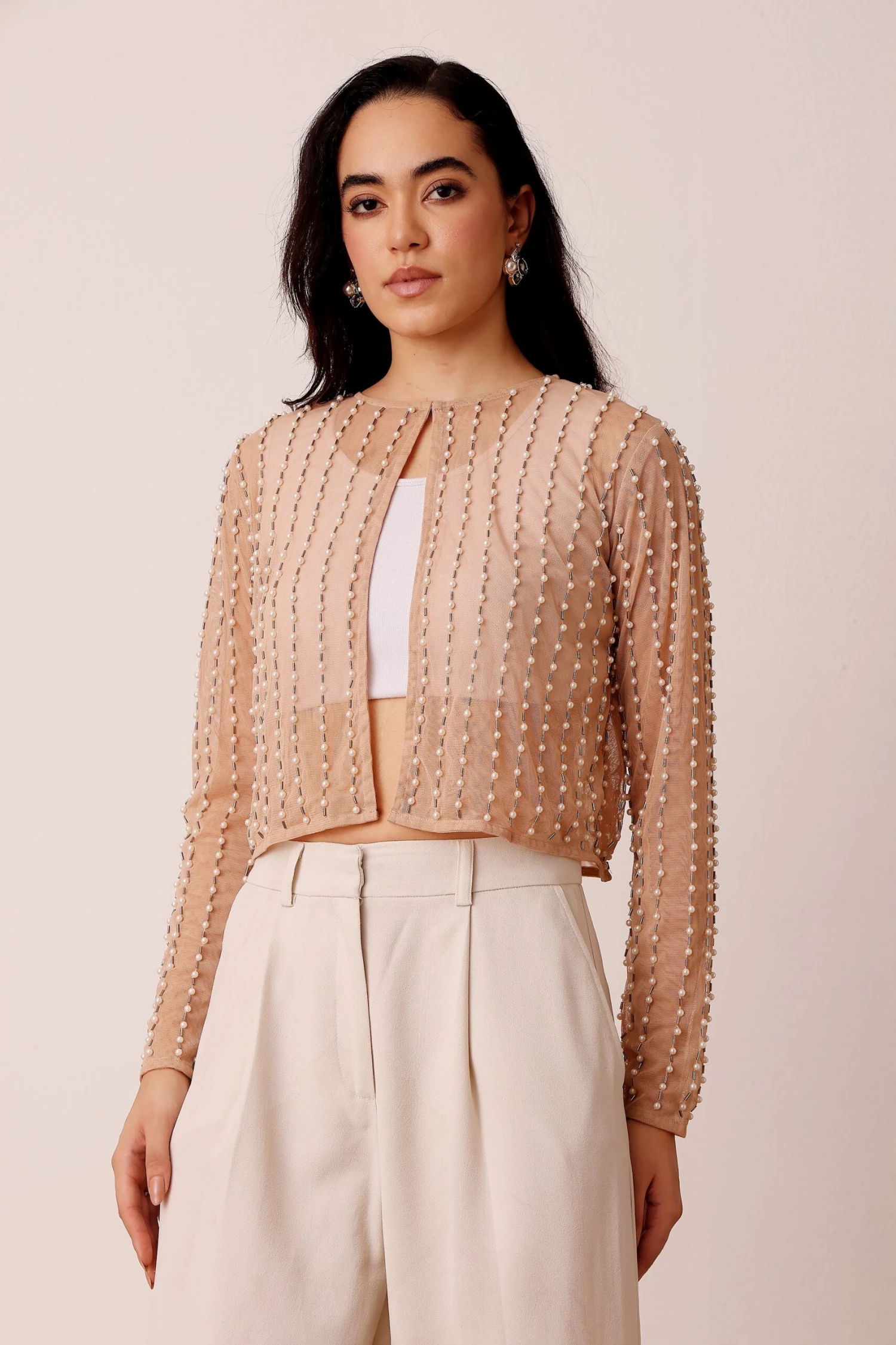 Pearl Embellished Sheer Cropped Jacket In Beige 1 Pearl Embellished Sheer Cropped Jacket In Beige