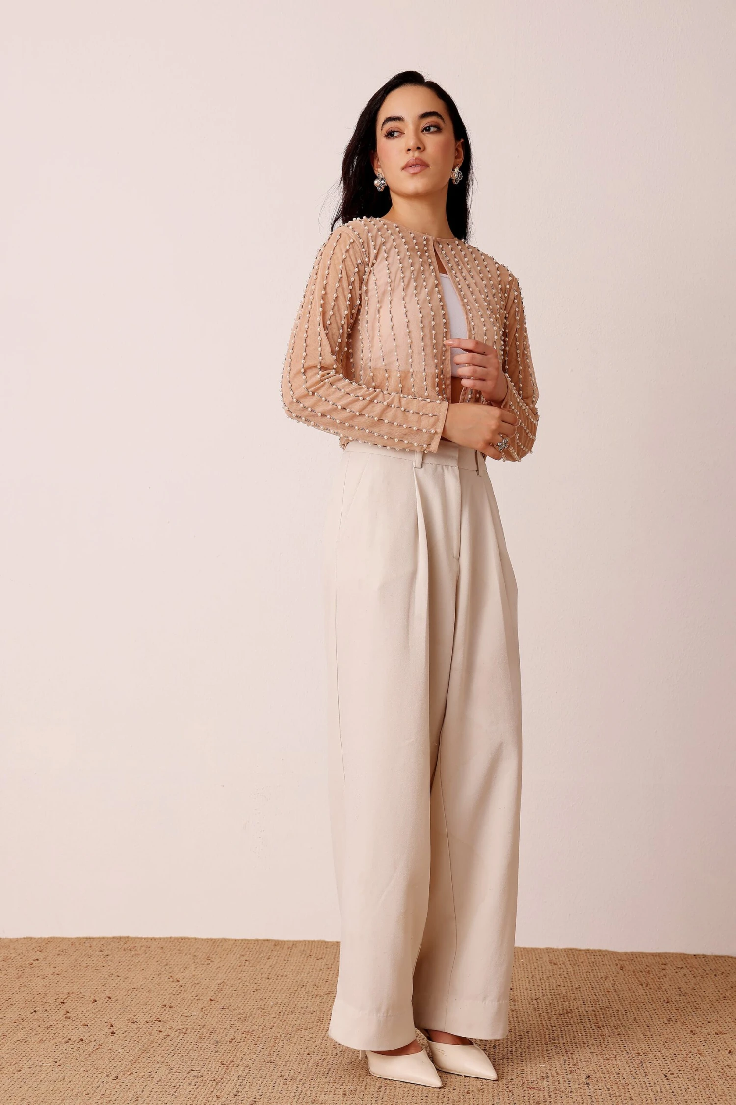 Pearl Embellished Sheer Cropped Jacket In Beige 2 Pearl Embellished Sheer Cropped Jacket In Beige - Image 2