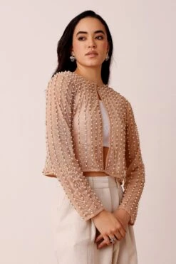 Pearl Embellished Sheer Cropped Jacket In Beige 11 Pearl Embellished Sheer Cropped Jacket In Beige -Laceand Beads PearlEmbellishedSheerCroppedJacketinBeige 6
