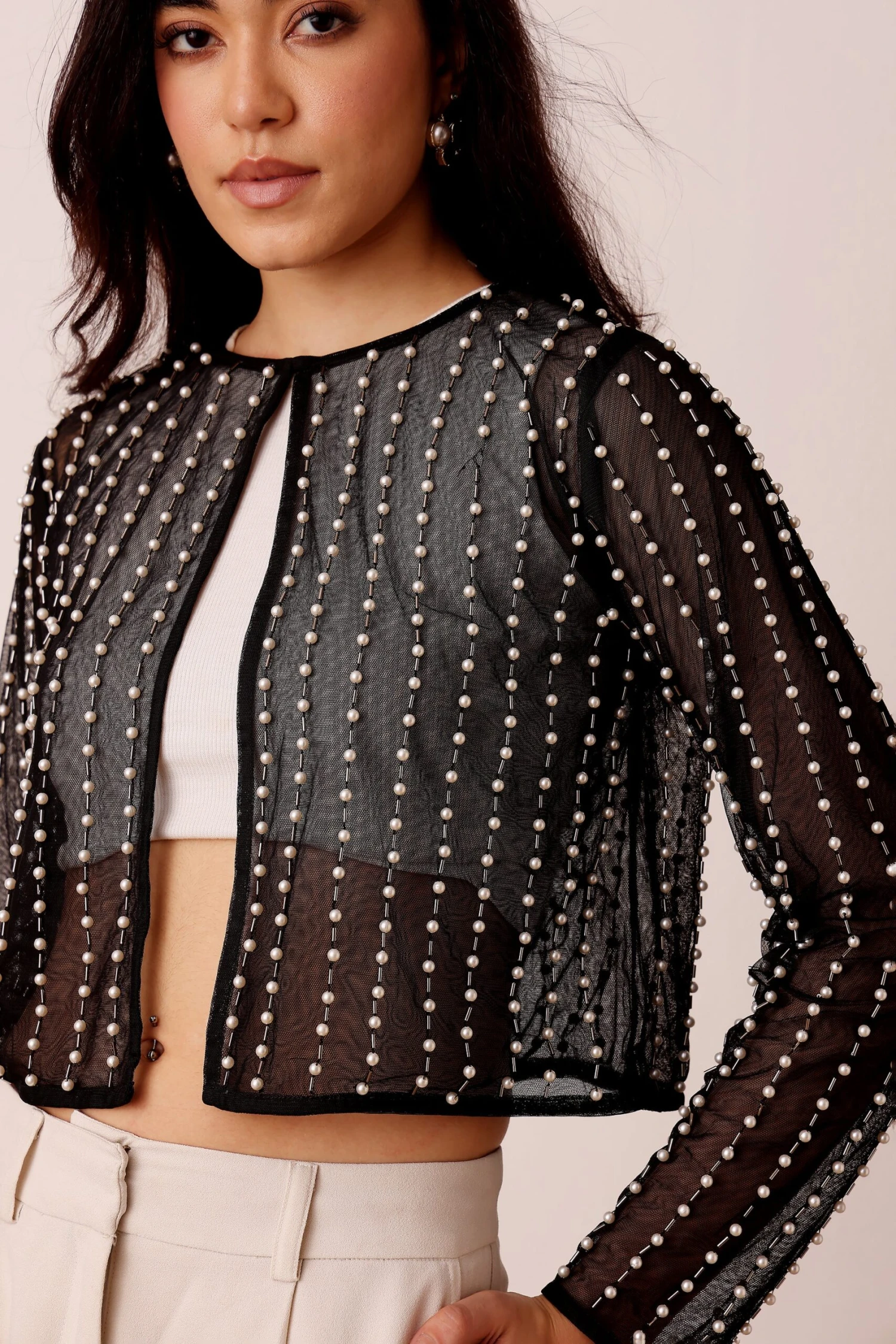 Pearl Embellished Sheer Cropped Jacket In Black 2 Pearl Embellished Sheer Cropped Jacket In Black - Image 2