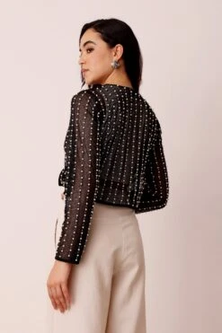 Pearl Embellished Sheer Cropped Jacket In Black 9 Pearl Embellished Sheer Cropped Jacket In Black -Laceand Beads Pearl Embellished Sheer Cropped Jacket in Black 2
