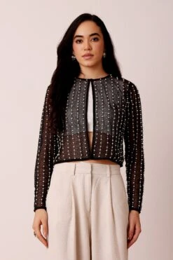 Pearl Embellished Sheer Cropped Jacket In Black 8 Pearl Embellished Sheer Cropped Jacket In Black -Laceand Beads Pearl Embellished Sheer Cropped Jacket in Black 3