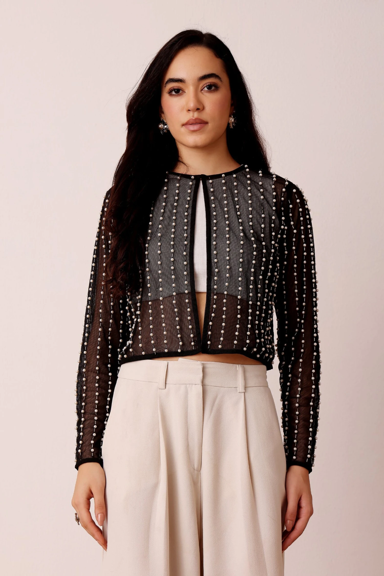 Pearl Embellished Sheer Cropped Jacket In Black 3 Pearl Embellished Sheer Cropped Jacket In Black - Image 3