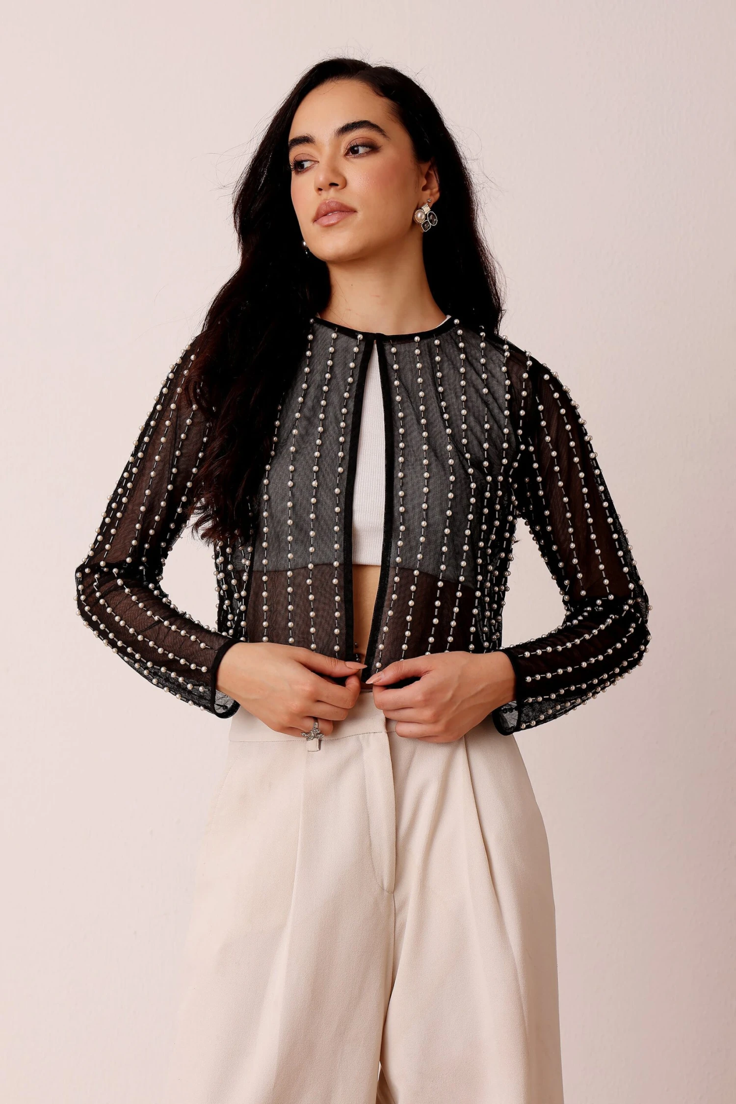 Pearl Embellished Sheer Cropped Jacket In Black 1 Pearl Embellished Sheer Cropped Jacket In Black