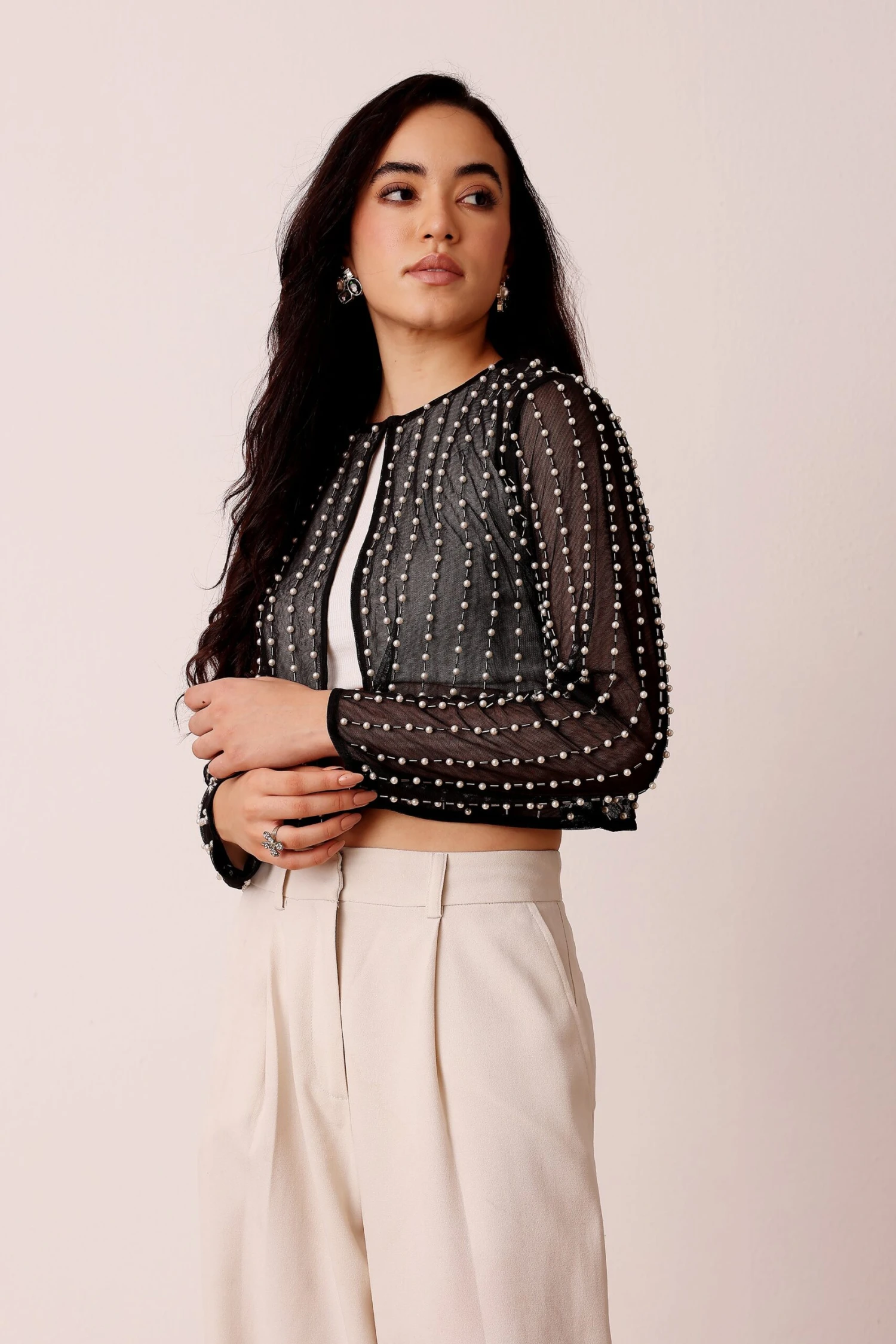 Pearl Embellished Sheer Cropped Jacket In Black 6 Pearl Embellished Sheer Cropped Jacket In Black - Image 6