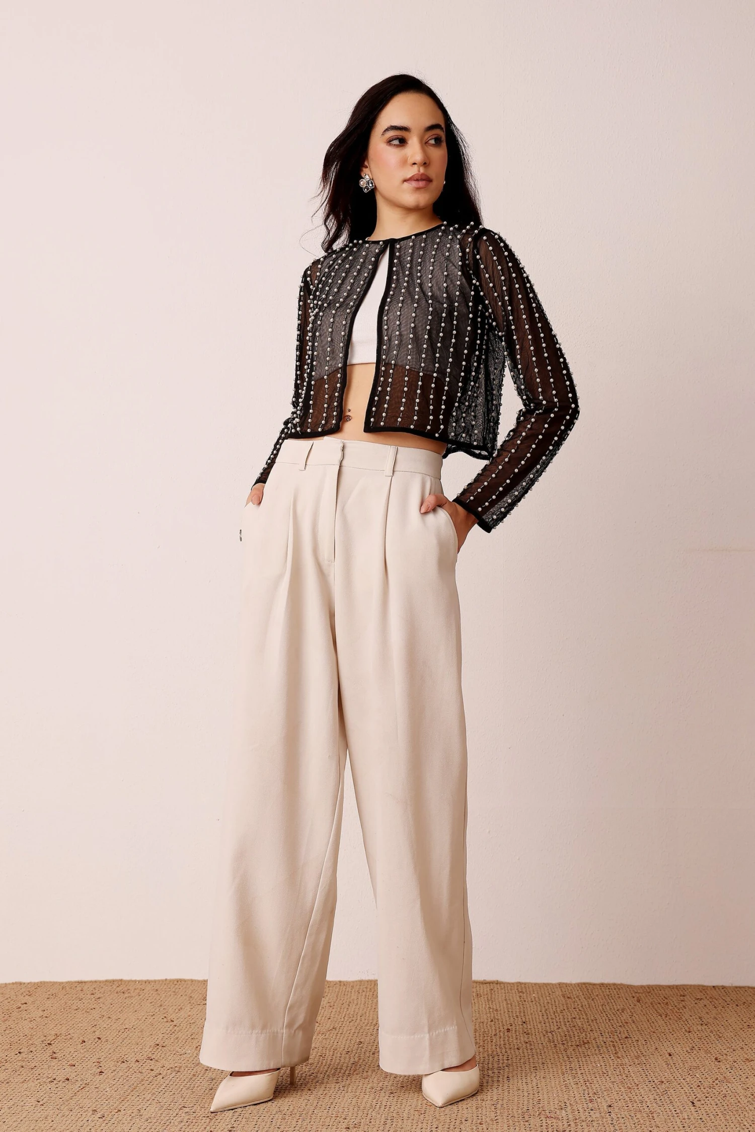 Pearl Embellished Sheer Cropped Jacket In Black 5 Pearl Embellished Sheer Cropped Jacket In Black - Image 5