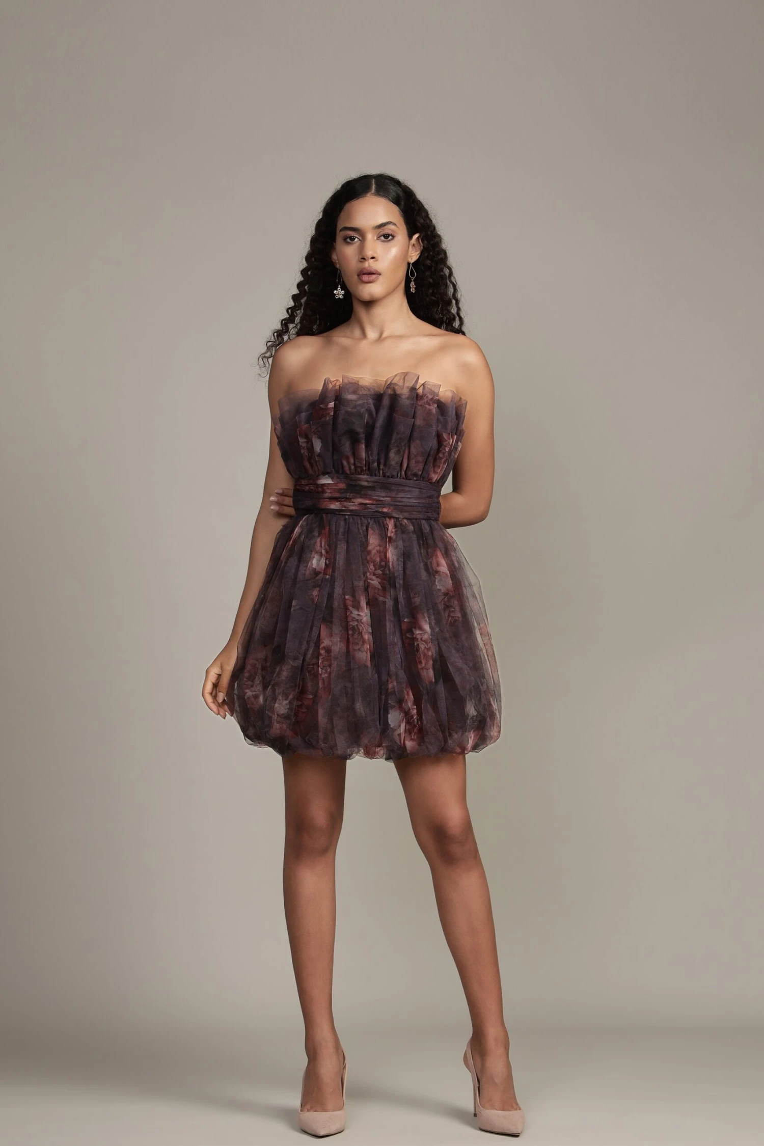 Nanita Mini Dress With Balloon Hem In Plum Floral 3 Nanita Mini Dress With Balloon Hem In Plum Floral - Image 3
