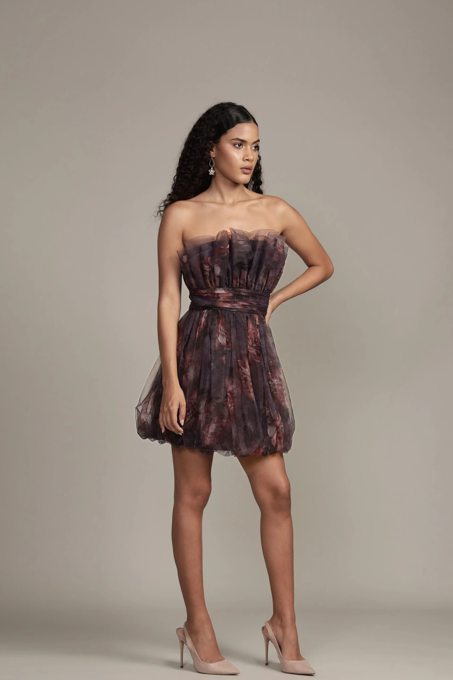 Nanita Mini Dress With Balloon Hem In Plum Floral 4 Nanita Mini Dress With Balloon Hem In Plum Floral - Image 4