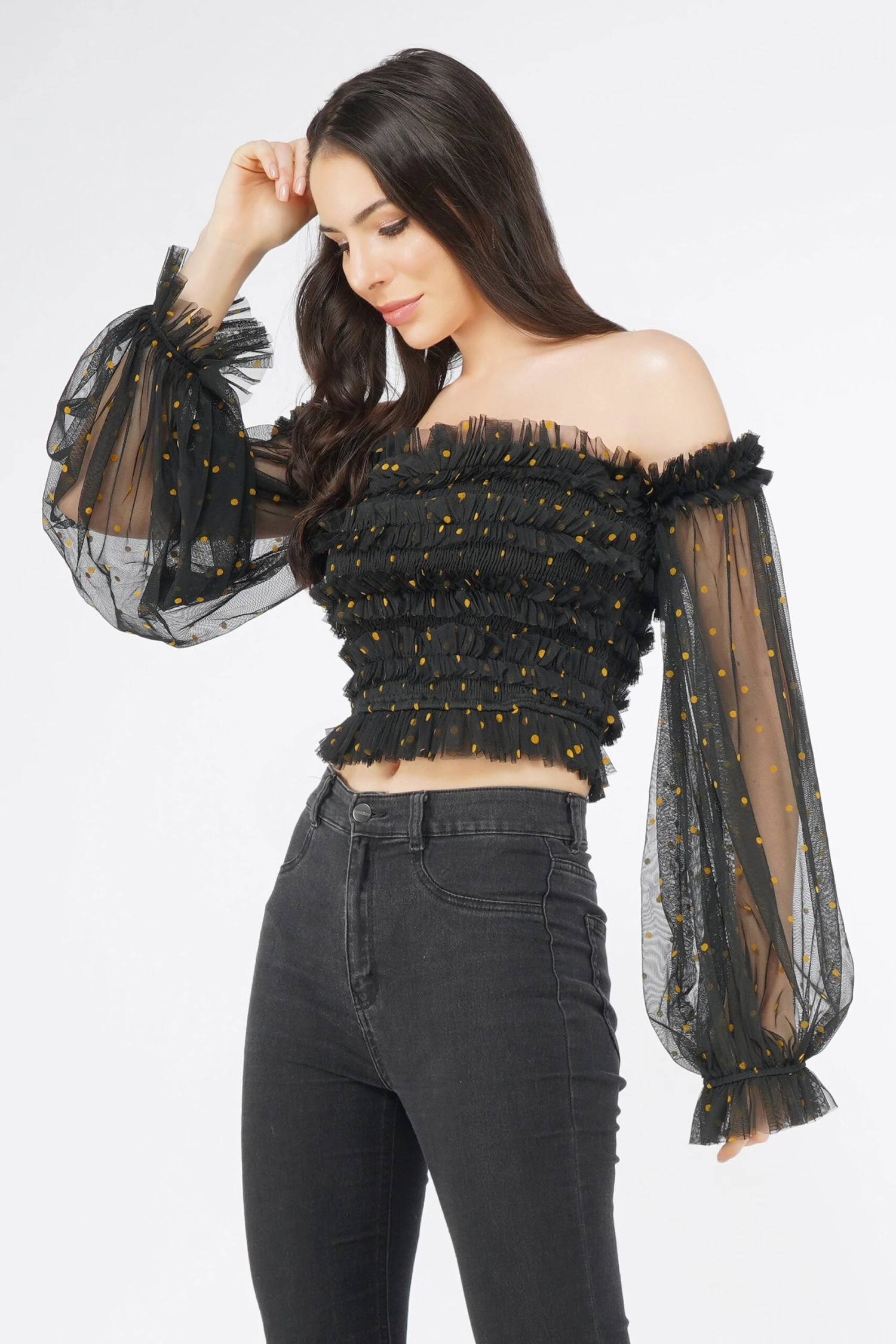 Rolf Black Tulle Top With Gold Polka 1 Rolf Black Tulle Top With Gold Polka