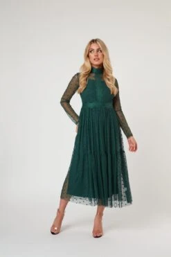 Roman Lola Polka Dot Midi Dress In Green -Laceand Beads RomanLola 5