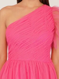 Rowena Bright Pink One Shoulder Tulle Gown 9 Rowena Bright Pink One Shoulder Tulle Gown -Laceand Beads RowanPink 1
