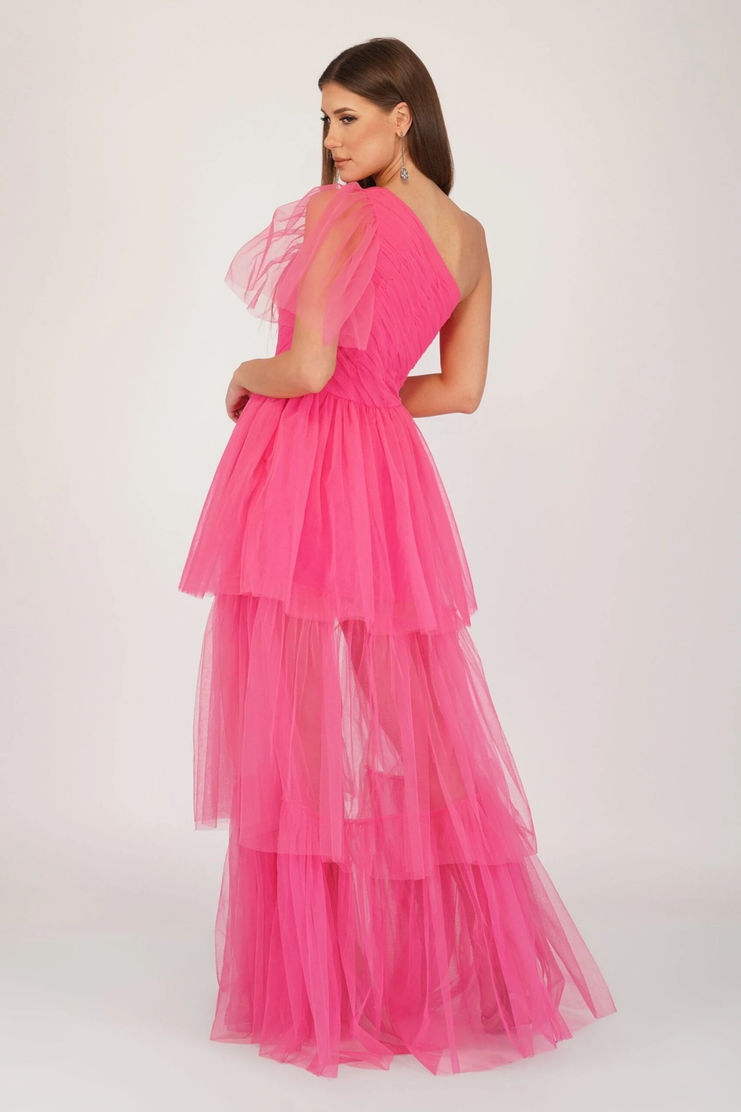 Rowena Bright Pink One Shoulder Tulle Gown 3 Rowena Bright Pink One Shoulder Tulle Gown - Image 3
