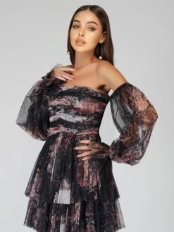 Roxanne Dark Print Tulle Mini Dress -Laceand Beads Roxanne 3