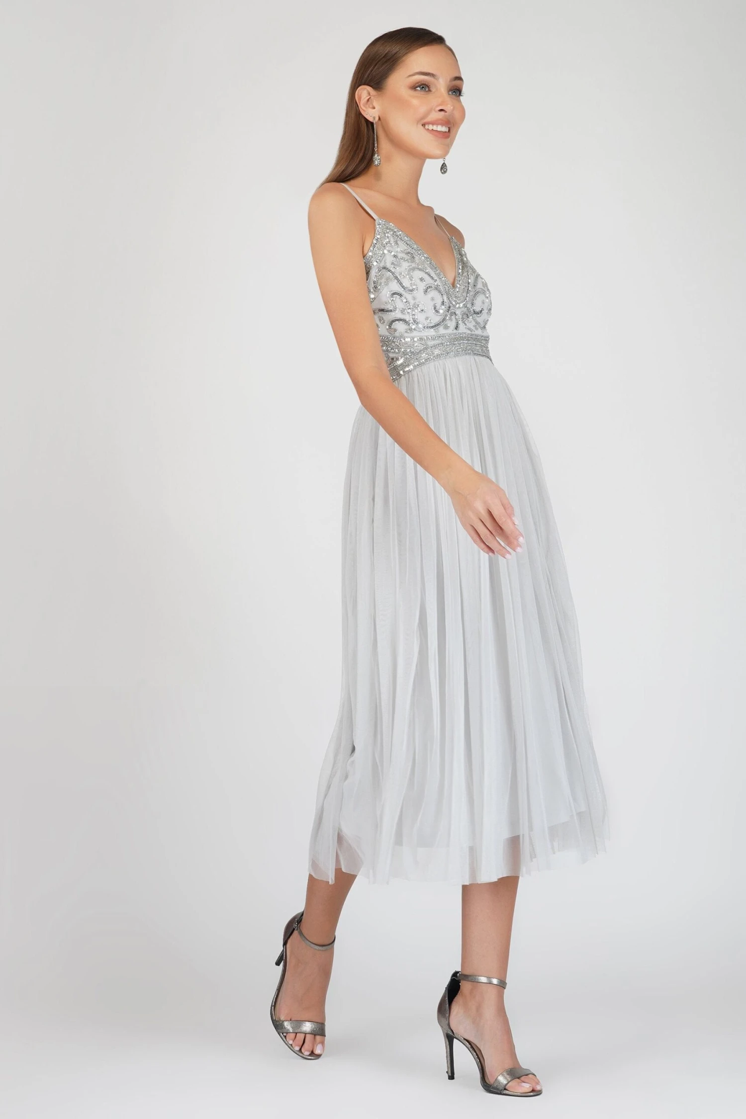 Ruhi Embellished Midi Dress In Grey 3 Ruhi Embellished Midi Dress In Grey - Image 3