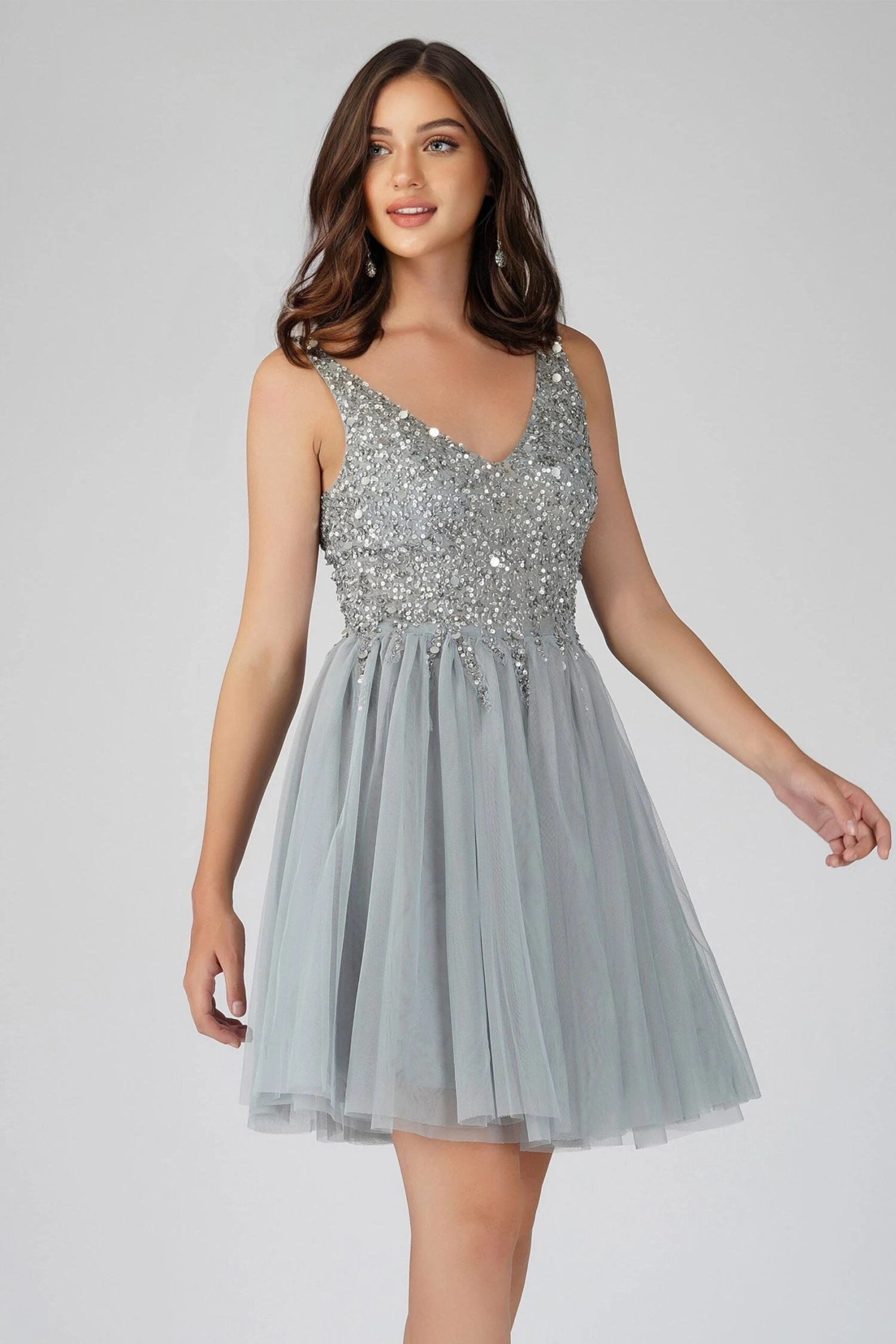 Symphony Light Grey Embellished Mini Dress 5 Symphony Light Grey Embellished Mini Dress - Image 5