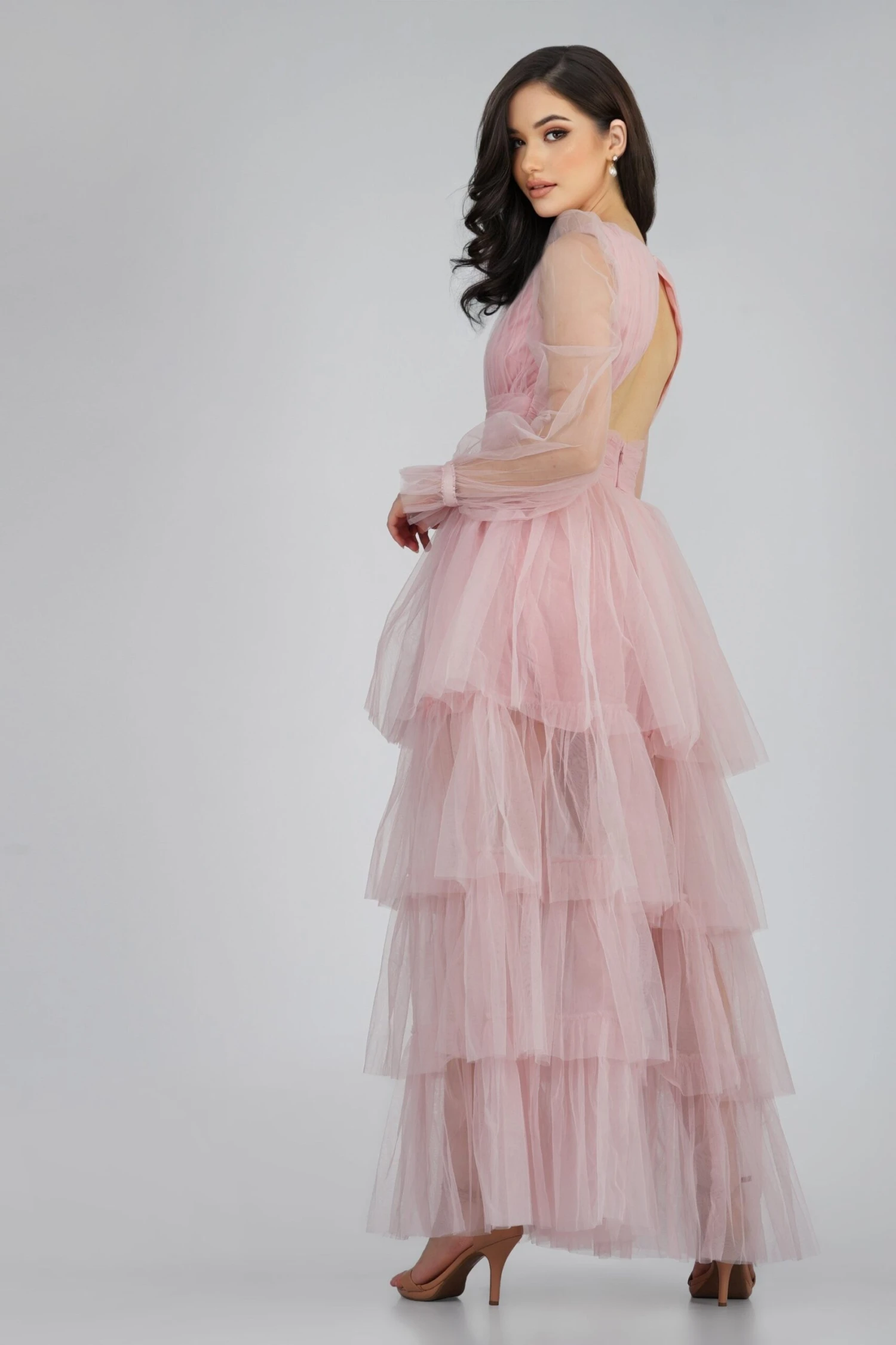 Salma Long Sleeve Tulle Maxi Dress In Pink 1 Salma Long Sleeve Tulle Maxi Dress In Pink