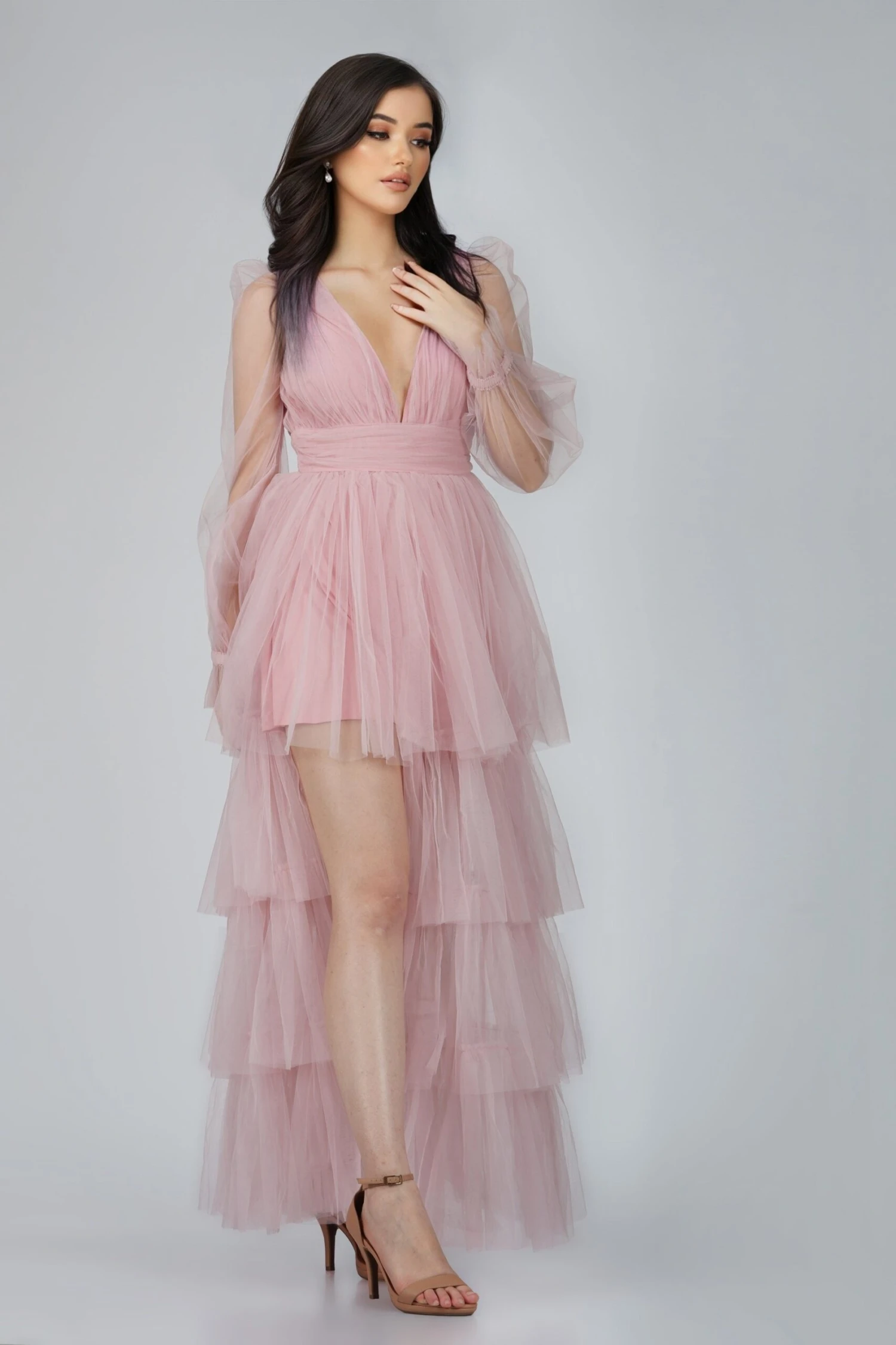 Salma Long Sleeve Tulle Maxi Dress In Pink 5 Salma Long Sleeve Tulle Maxi Dress In Pink - Image 5