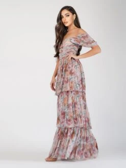 Sydney Off Shoulder Tulle Maxi Dress In Brown Floral -Laceand Beads ShilohBrown 5