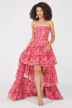 Shiloh High Low Tulle Dress In Red Floral