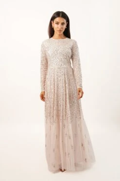 Sila Long Sleeve Embellished Maxi Dress In Powder Pink