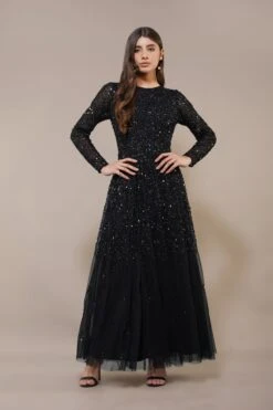 Sila Long Sleeve Embellished Maxi Dress In Black