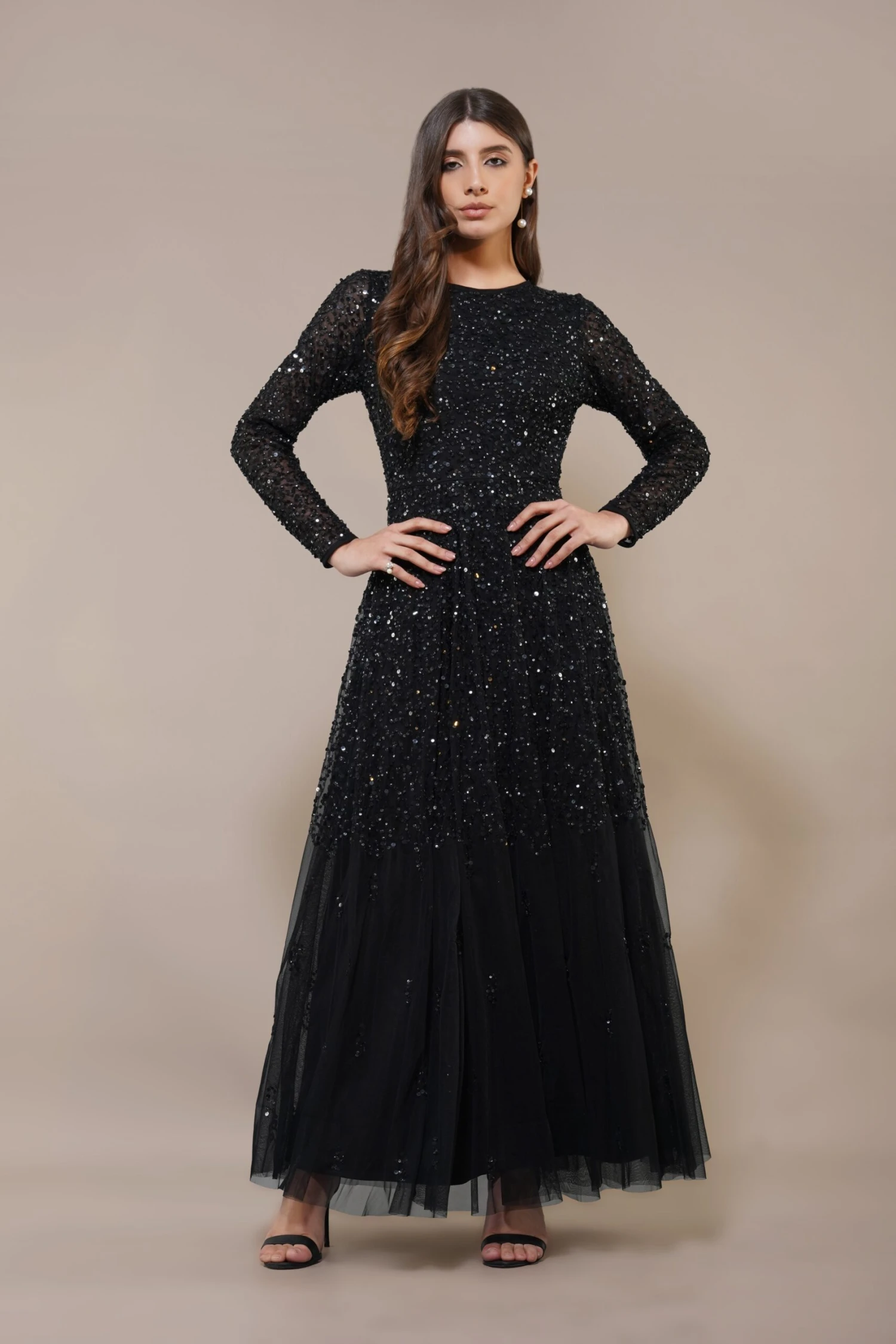 Sila Long Sleeve Embellished Maxi Dress In Black 1 Sila Long Sleeve Embellished Maxi Dress In Black