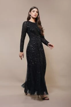 Sila Long Sleeve Embellished Maxi Dress In Black 13 Sila Long Sleeve Embellished Maxi Dress In Black -Laceand Beads SilaMaxiinBlack 6