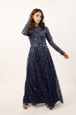 Sila Long Sleeve Embellished Maxi Dress In Dark Blue