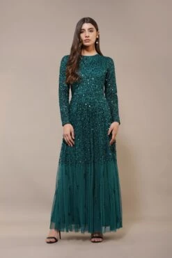 Sila Long Sleeve Embellished Maxi Dress In Emerald Green