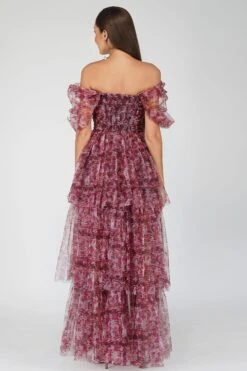 Sydney Tulle Maxi Dress In Burgundy Print -Laceand Beads SydneyBurgundyPrint 1