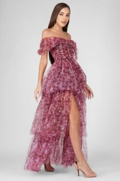 Sydney Tulle Maxi Dress In Burgundy Print -Laceand Beads SydneyBurgundyPrint 2