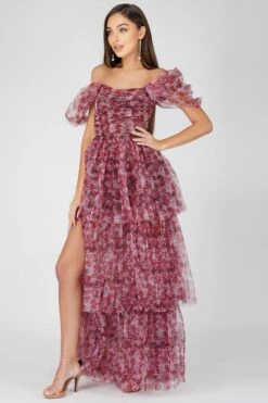 Sydney Tulle Maxi Dress In Burgundy Print -Laceand Beads SydneyBurgundyPrint 5