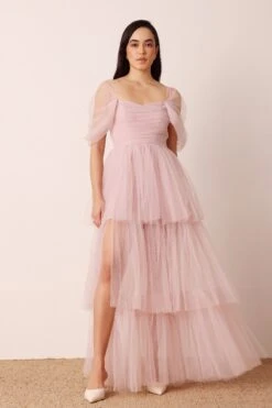 Sydney Off Shoulder Tulle Maxi Dress In Dusty Pink