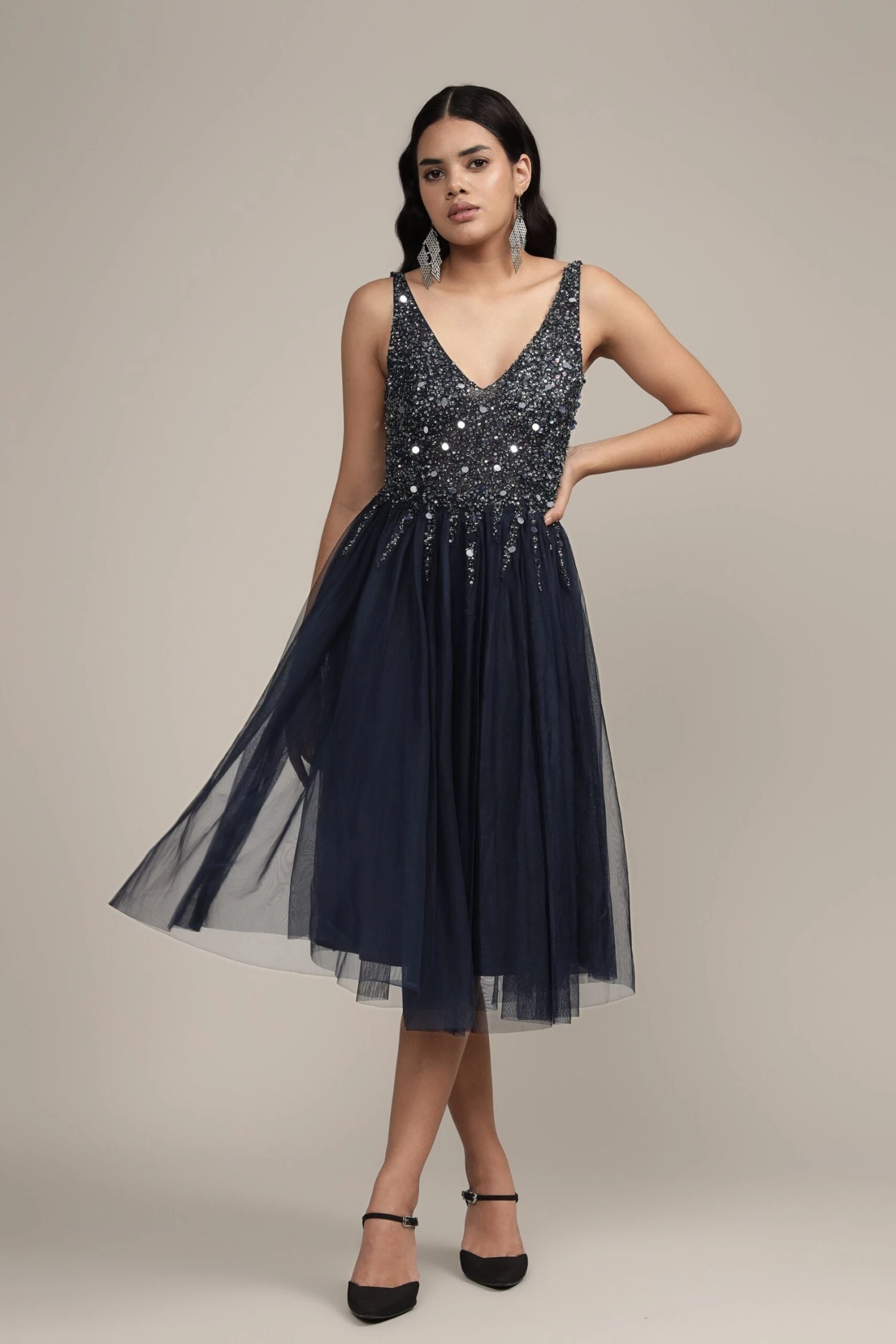 Symphony Dark Blue Embellished Midi Dress 1 Symphony Dark Blue Embellished Midi Dress